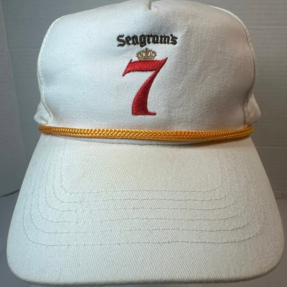 Seagram’s 7 baseball hat in white, one size adjustable strap. Vintage no tags.